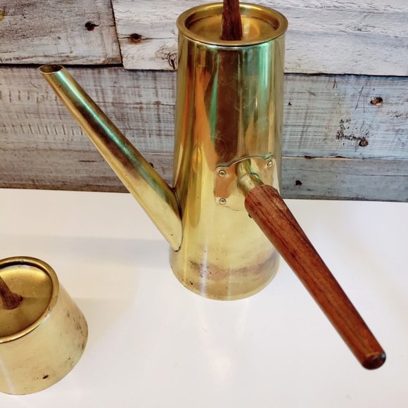 MCM Brass and Teak Japanese Tea Coffee Set Carafe Teapot Sugar Creamer Atomic - Picture 8 of 15